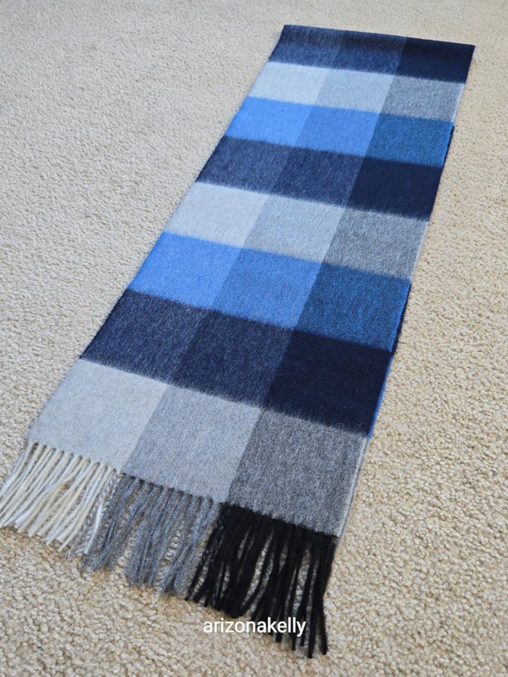 NWOT Cashmere Woven Scarf Blue, Black & Gray Plaid Checks - Picture 5 of 15